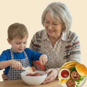 ערכת שייפבורגר להכנת המבורגרים וקציצות סט 3 צורות + סינר + מרית לנכדים הצעירים